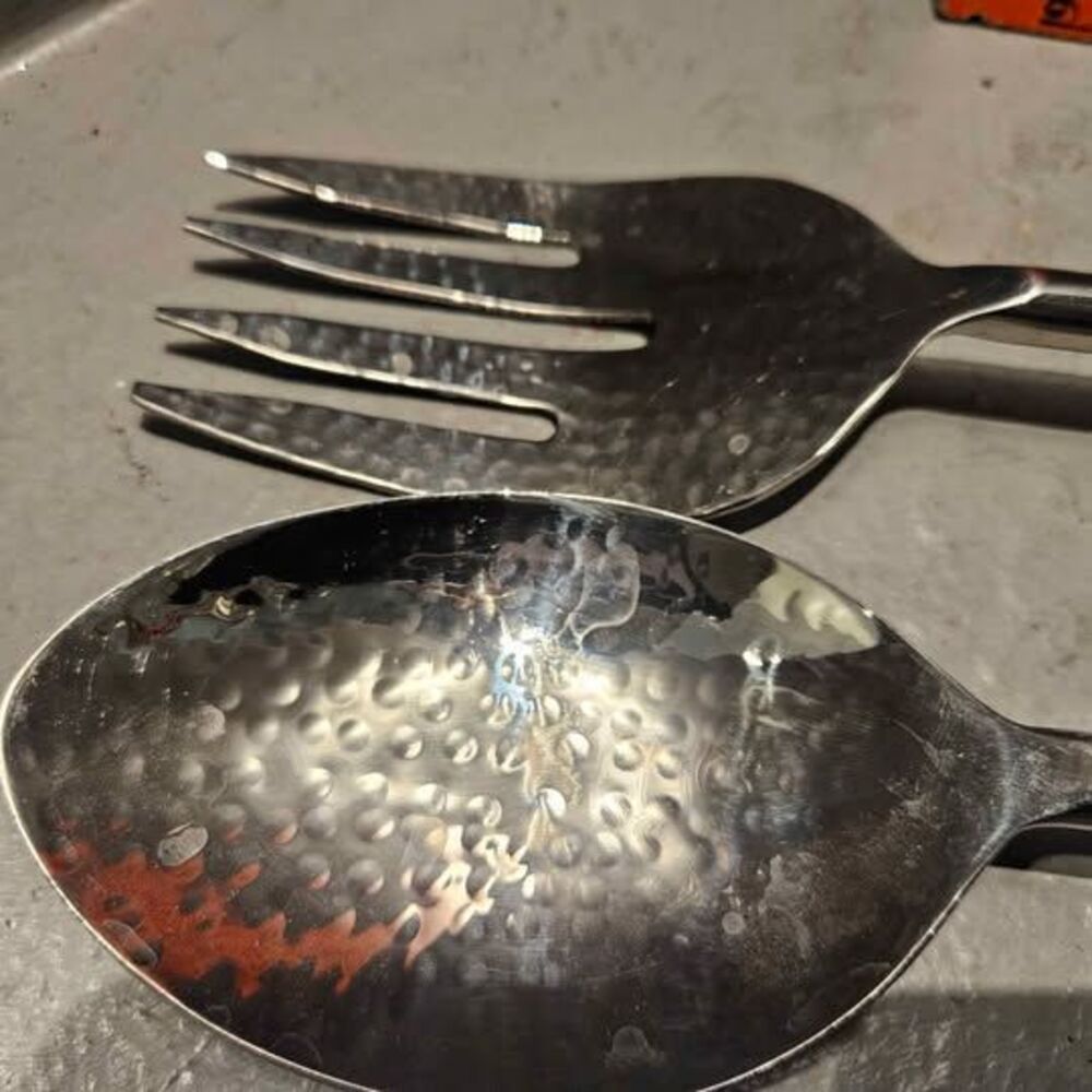 Jumbo Salad Servers Hammered and Beaded with Blue and Clear Glass Art Beads - Picture 2 of 5